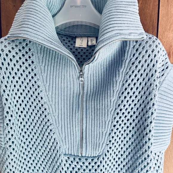 Joie  Vest Sweater Size L Blue Half Zip Collared Kimono Sleeve Crochet - Picture 5 of 12